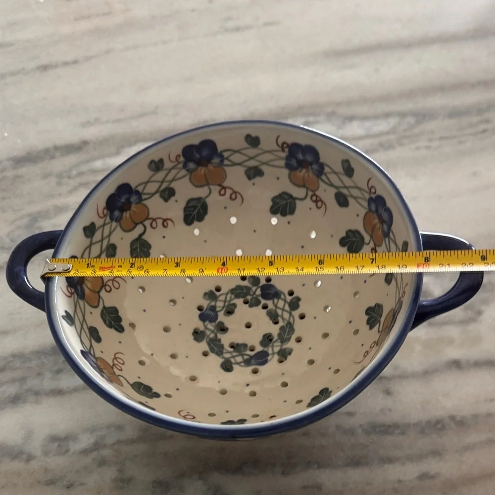 Blue Floral Ceramic Colander with Double Handles